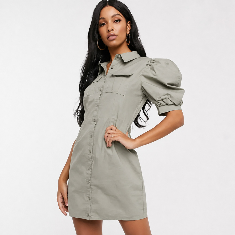 NWT MISSGUIDED Puff Sleeve Poplin Shirt Dress Sage Green Size US 10